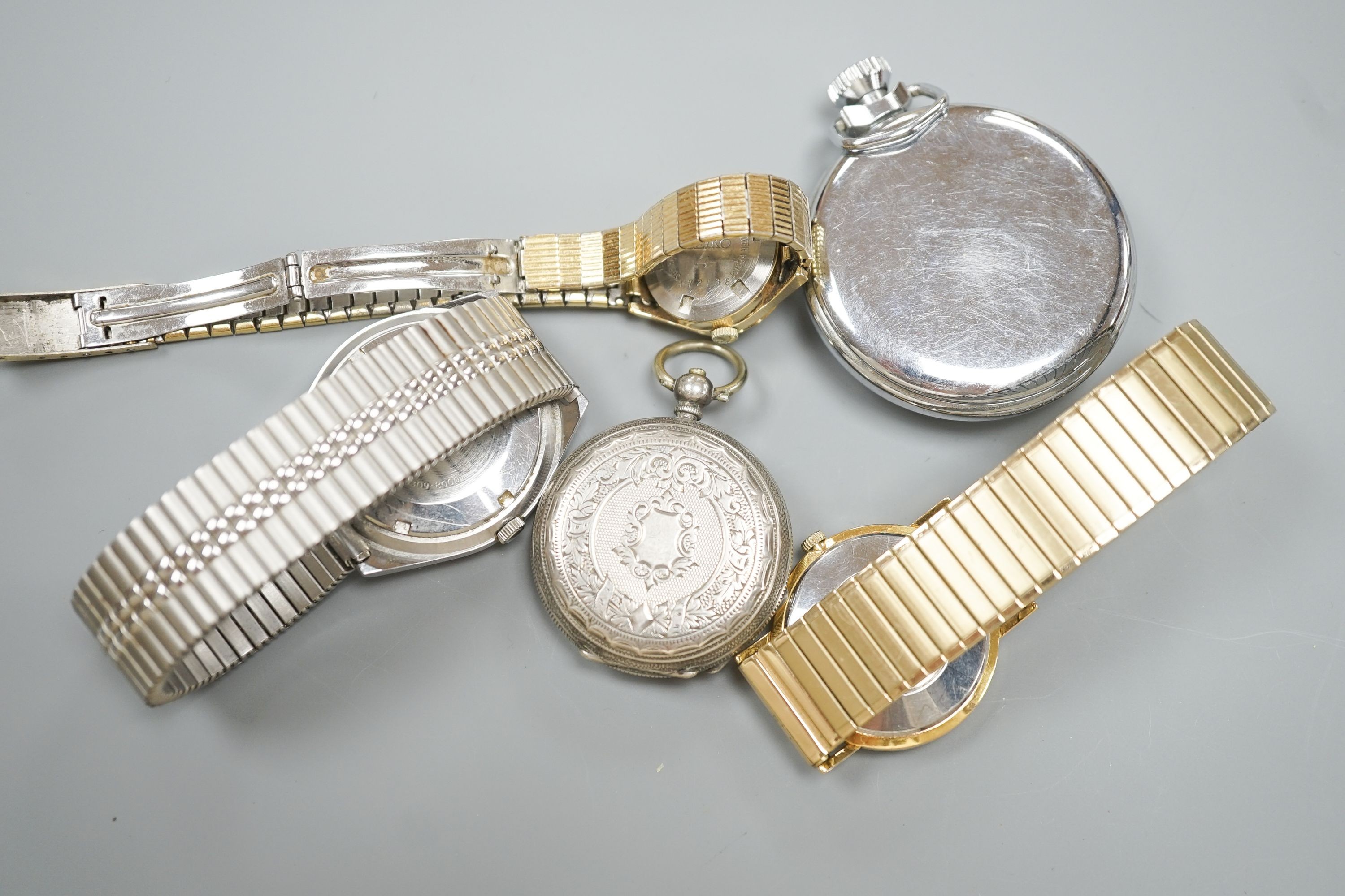 A chrome cased Guinness Time pocket watch, two wrist watches including Favre-Leuba and an 800 fob watch.